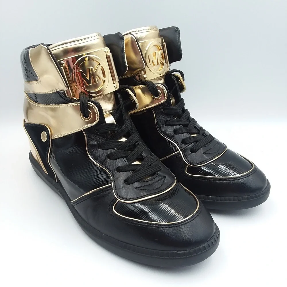 Michael Kors Nikko High-Top Wedge Sneakers Black Gold Patent‎ Leather Women's 8M
